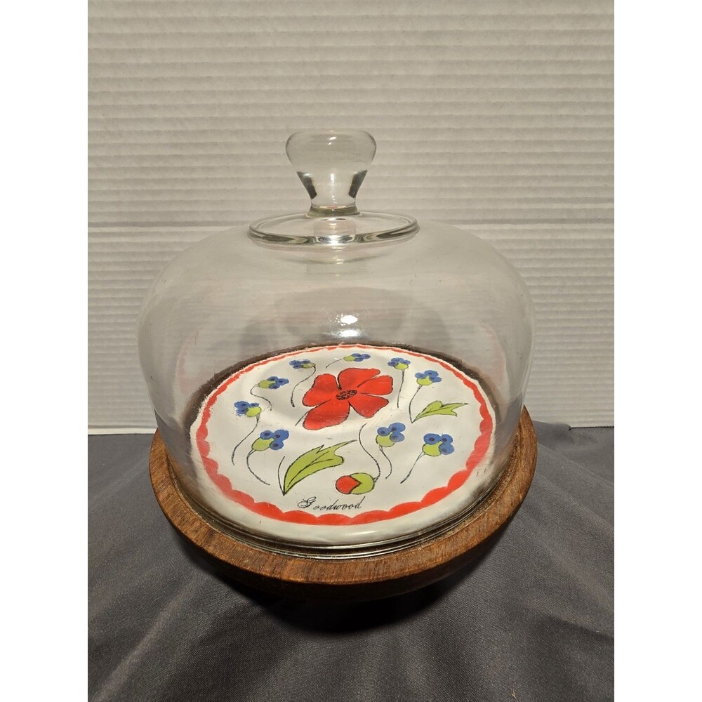 VTG Goodwood Flower Cheese Board Footed Tray 7” Glass Cover Shabby Chic 1970s